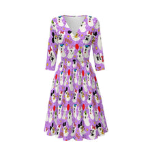 Load image into Gallery viewer, A purple V-neck dress with three-quarter sleeves, featuring a playful cartoon pattern of Minnie Mouse, Mickey Mouse, and balloons on a light gray gradient background.