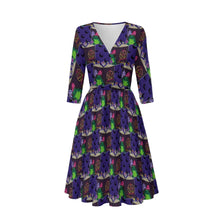 Load image into Gallery viewer, A three-quarter sleeve V-neck dress with a flared skirt, featuring a repeating gothic occult pattern of purple cats wearing black cloaks with gold pentagrams, green cauldrons, and pink alchemical symbols on a dark background.
