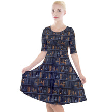 Load image into Gallery viewer, Black cats and bookcases print dress
