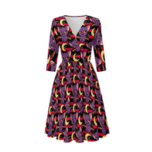 Load image into Gallery viewer, A three-quarter sleeve V-neck dress with a flared skirt, featuring an all-over repeating pattern of purple cartoon bat characters and yellow crescent moons on a black background.
