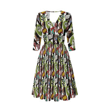 Load image into Gallery viewer, A women's midi dress with three-quarter sleeves and a V-neckline, featuring an all-over retro collage print of skulls, books, and books with red and green accents on a black background.
