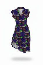 Load image into Gallery viewer, A short-sleeve high-low dress with a dark purple base and a repeating occult-themed print featuring pentagrams, crescent moons, and green eyes, shown against a plain white background.
