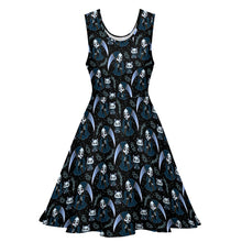 Load image into Gallery viewer, A sleeveless fit-and-flare dress with a black background and an all-over repeating print of grim reaper figures with blue cloaks and white skulls, shown on a plain white background.
