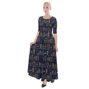 Black cats and bookcases print dress