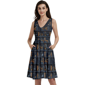 Black cats and bookcases print dress