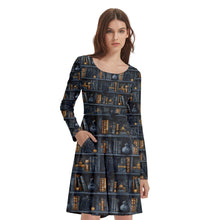 Load image into Gallery viewer, Black cats and bookcases print dress
