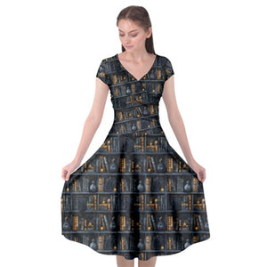 Black cats and bookcases print dress