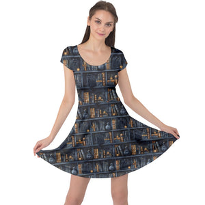 Black cats and bookcases print dress