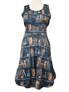 Black cats and bookcases print dress